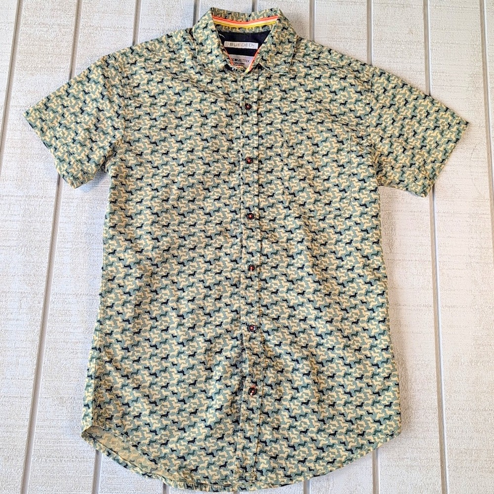 Geometrix NY Dachshund Dress Shirt Men's S Olive Camo Button Down - Short Sleeve - Picture 2 of 7